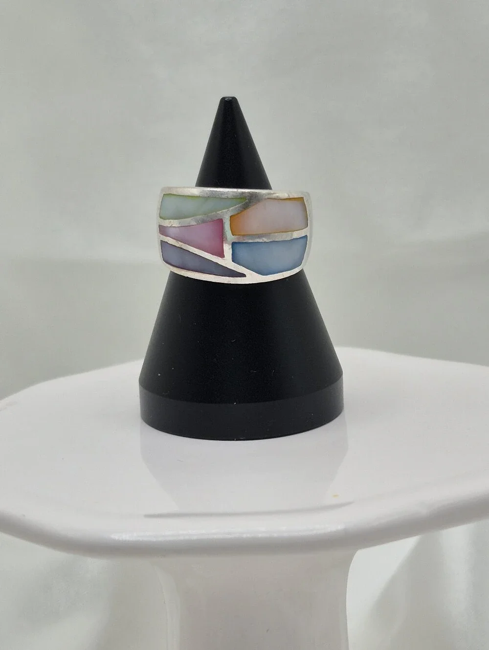 Sterling Silver Multicolor Pastel Mother Of Pearl (MOP) Inlay Band Ring Mosaic
